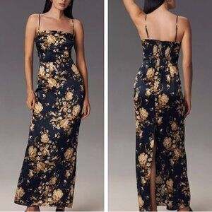 BEST Reformation Frankie Silk Maxi Dress Gown - Divinity Navy Floral Cocktail